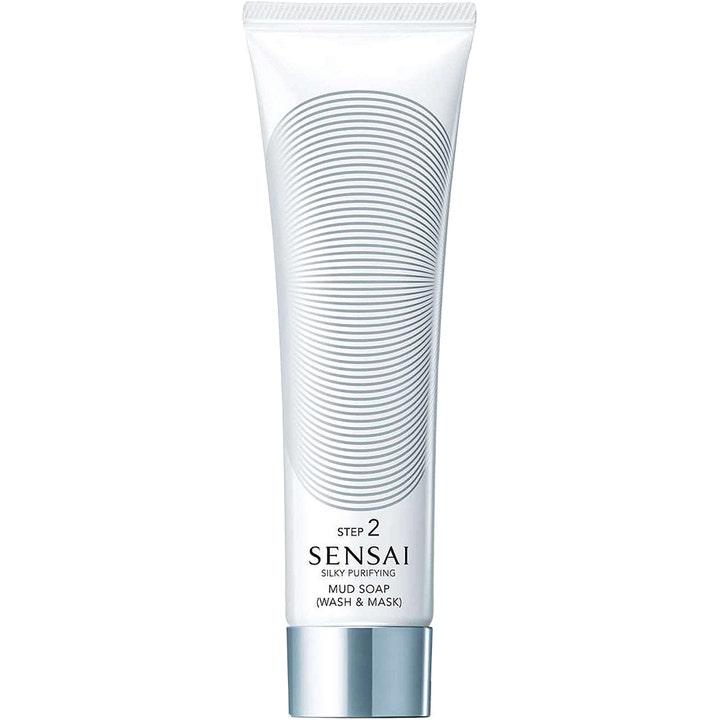 Sensai Silky Purifying Mud Soap 125 ml dybderensende ansigtsmaske i hvid tube med sølvlåg og cirkulært mønster.