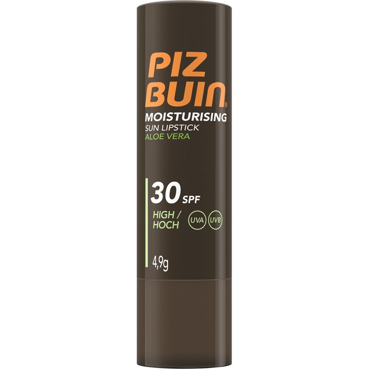 Piz Buin Moisturising Sun Lipstick 4,9g fugtgivende solbeskyttelse med SPF 30 i en mørkebrun stift med orange detaljer.