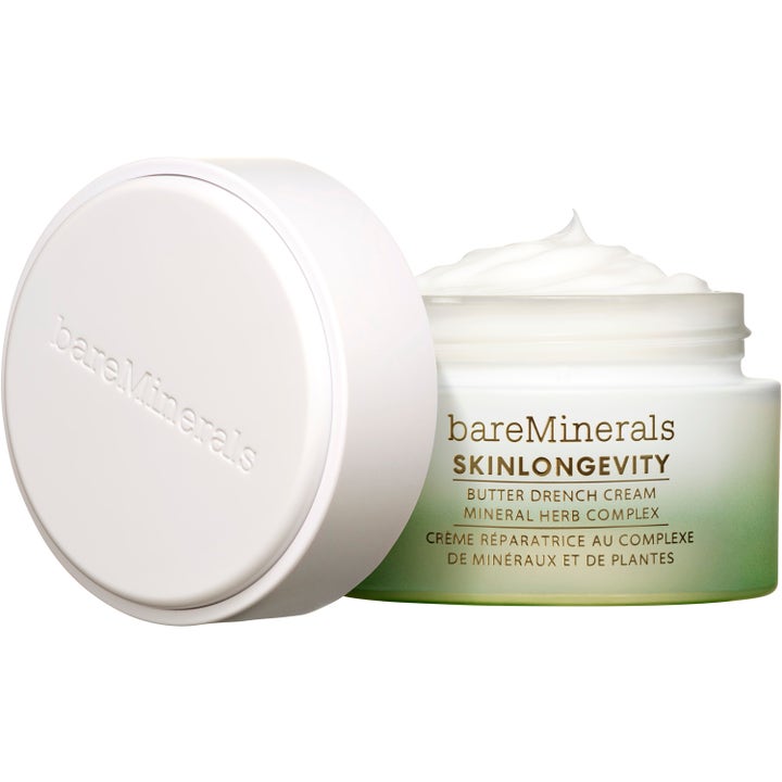 bareMinerals Skinlongevity Restorative Rich Cream 50 ml ansigtscreme i åben krukke med fyldig hvid creme og grøn bund