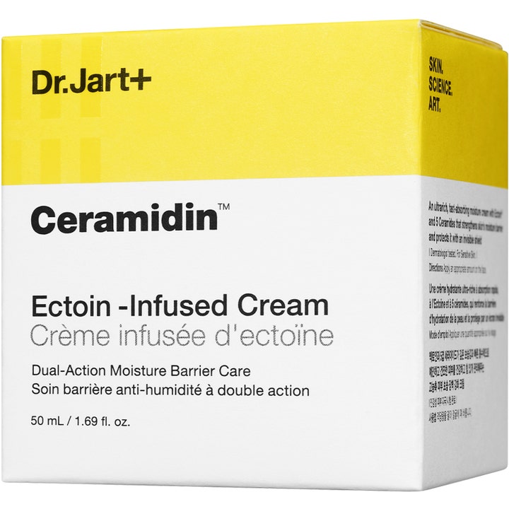 Dr.Jart+ Ceramidin Ectoin-Infused Cream 50 ml fugtgivende ansigtscreme i hvid og gul papæske.