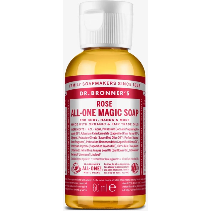 Dr. Bronner's Rose All-One Magic Soap 60 ml flydende sæbe i gennemsigtig plastflaske med lyserød label