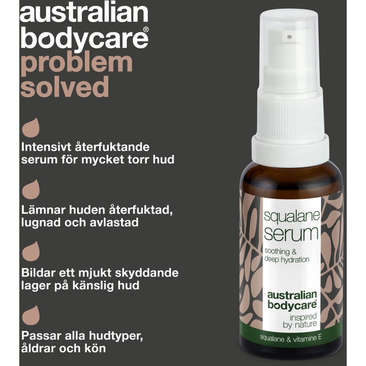 Australian Bodycare Squalane Serum 30 ml fugtgivende ansigtsserum med squalane og E-vitamin i brun glasflaske med pumpe
