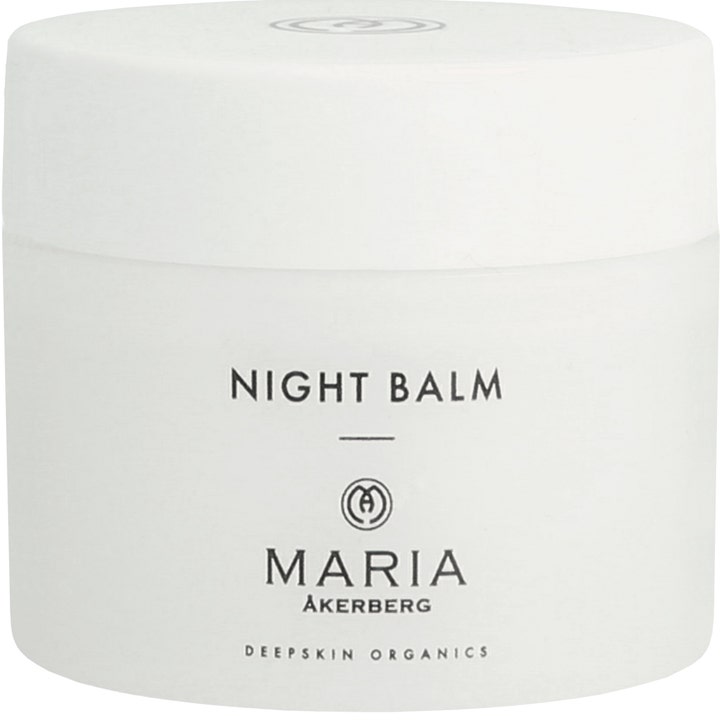 Maria Åkerberg Night Balm 50 ml nærende natcreme i en enkel hvid krukke med minimalistisk sort tekst
