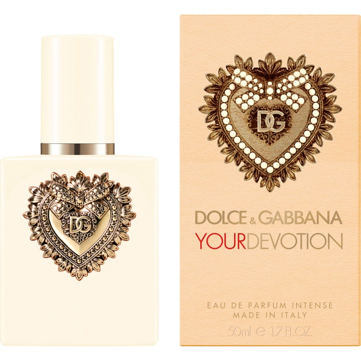 Dolce & Gabbana Your Devotion EdP Intense 50 ml dameparfume i hvid flakon med guldhjerte ved siden af æske