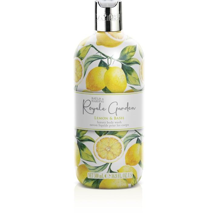 Baylis & Harding Royale Garden Lemon & Basil 500 ml luksuriøs body wash i flaske med sølvlåg og citronillustrationer