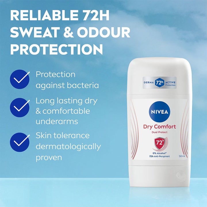 NIVEA Dry Comfort 50 ml deostick giver 72 timers beskyttelse mod sved og lugt i en hvid plastbeholder