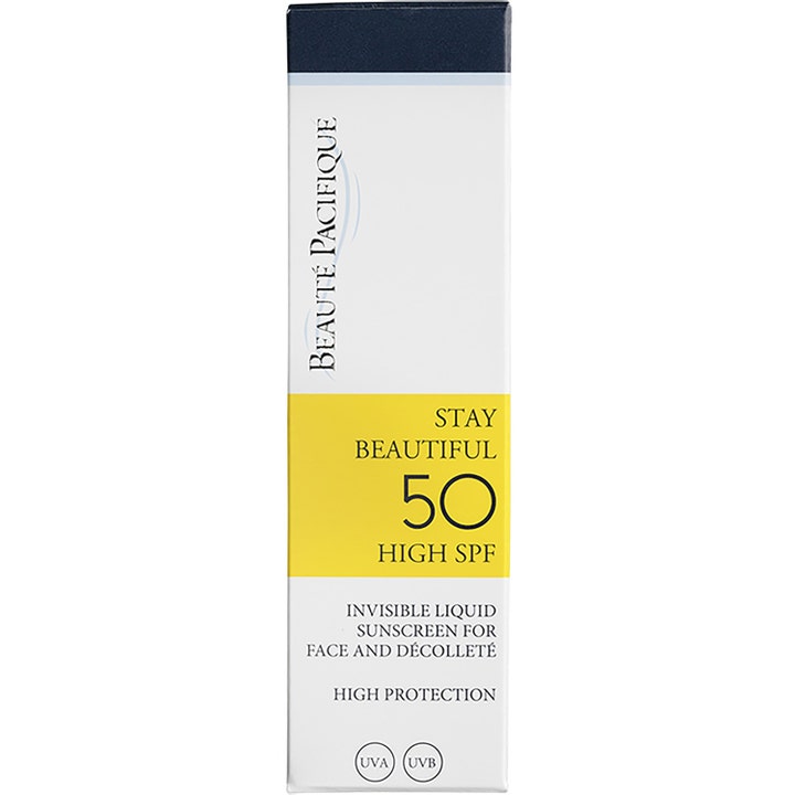 Beauté Pacifique Stay Beautiful 50 ml SPF 50 solcreme til ansigtet i hvid æske med gult bånd og sort top.