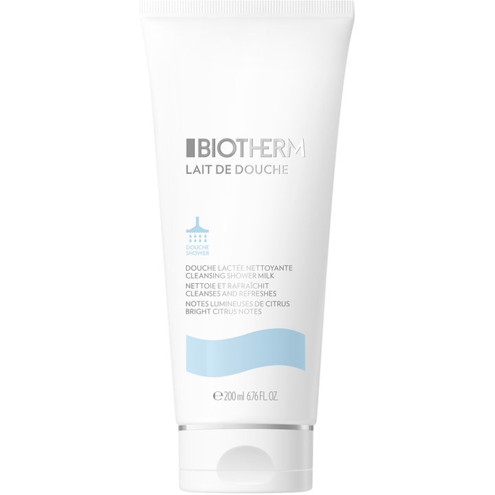 Biotherm Lait de Douche 200 ml plejende showergel i hvid tube tilføjer fugt og har friske citrusnoter