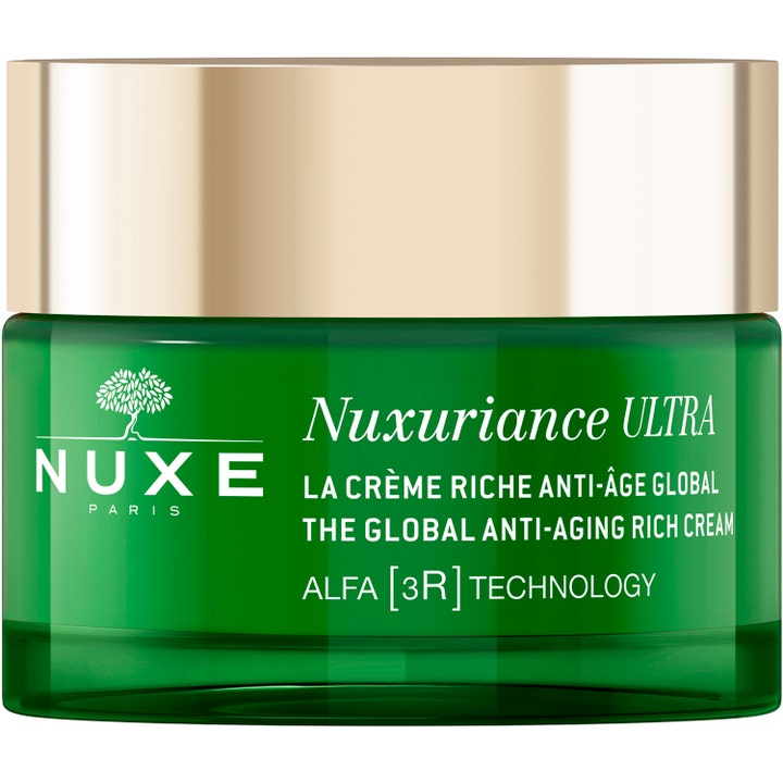 Nuxe Nuxuriance Ultra Global Anti-Aging Rich Cream med ALFA 3R teknologi i en grøn glaskrukke med guldlåg