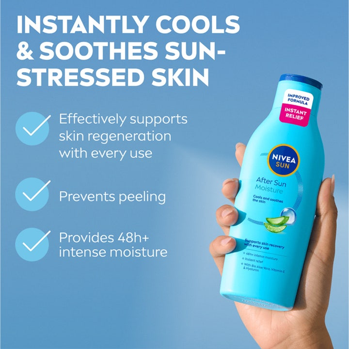 NIVEA After Sun Moisture 200 ml kølende lotion i lyseblå flaske der lindrer og fugter solstresset hud