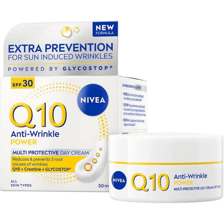 Nivea Q10 Anti-Wrinkle Power 50 ml dagcreme med SPF 30 mod rynker i hvid krukke med matchende papæske og gule detaljer