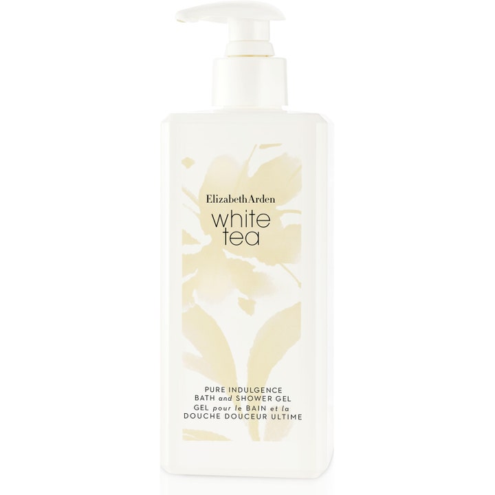 Elizabeth Arden White Tea Bath and Shower Gel 390ml rensende showergel i hvid pumpeflaske med beige blomsterprint