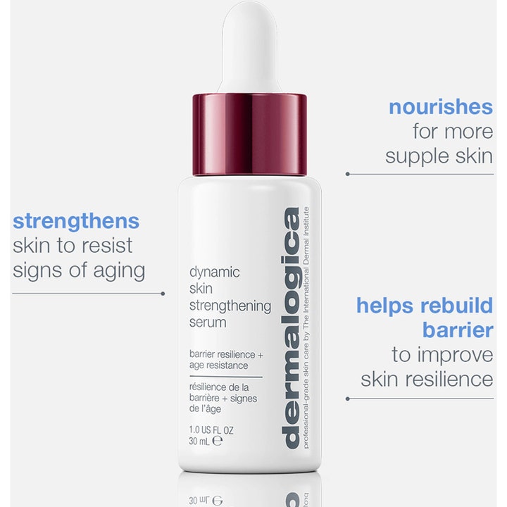 Dermalogica Dynamic Skin Strengthening Serum 30 ml barriereopbyggende ansigtsserum i hvid flaske med bordeauxrødt låg