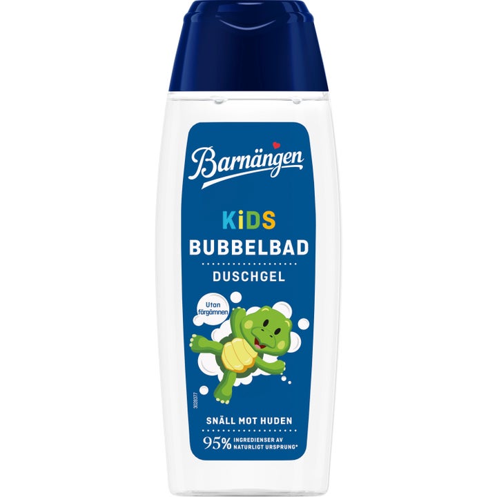 Barnängen Kids Boblebad & Showergel mild kropspleje i klar flaske med mørkeblåt låg og grøn skildpadde