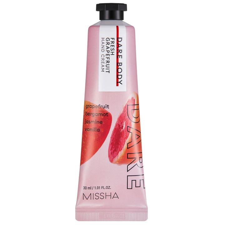 Missha Dare Body Fresh Grapefruit 30 ml fugtgivende håndcreme i lyserød tube med grapefrugtmotiv og sort låg