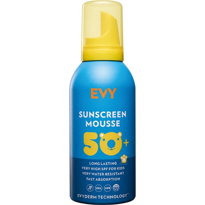 EVY Technology Sunscreen Mousse SPF 50 150 ml solcreme til børn i blå sprayflaske med gult låg