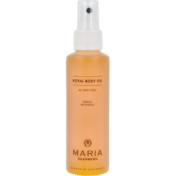 Maria Åkerberg Royal Body Oil 125 ml kropsolie der blødgør huden i en sprayflaske med gylden olie og hvidt låg