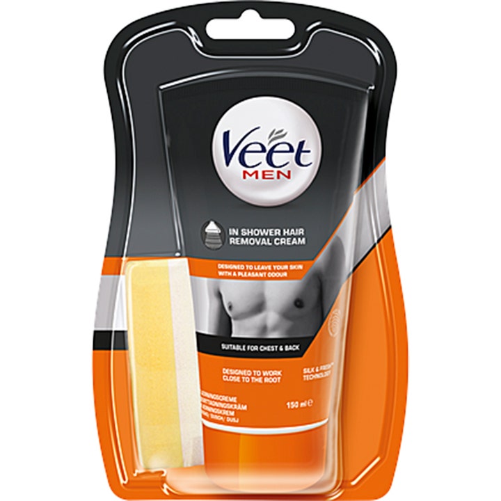 Veet Men In Shower Hair Removal Cream 150 ml giver glat hud med sort og orange tube og gul påføringssvamp i pakken.
