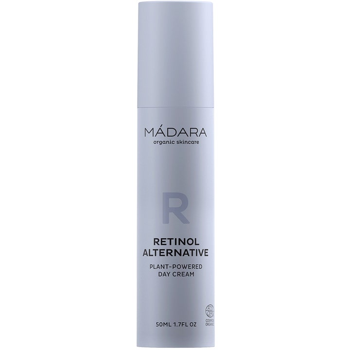 Mádara Retinol Alternative Day Cream 50 ml opstrammende ansigtscreme i en slank lysegrå cylinderflaske