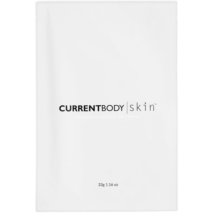 CurrentBody Skin Hydrogel Neck & Dec Mask 33g fugtgivende maske i hvid minimalistisk engangspose med sort tekst