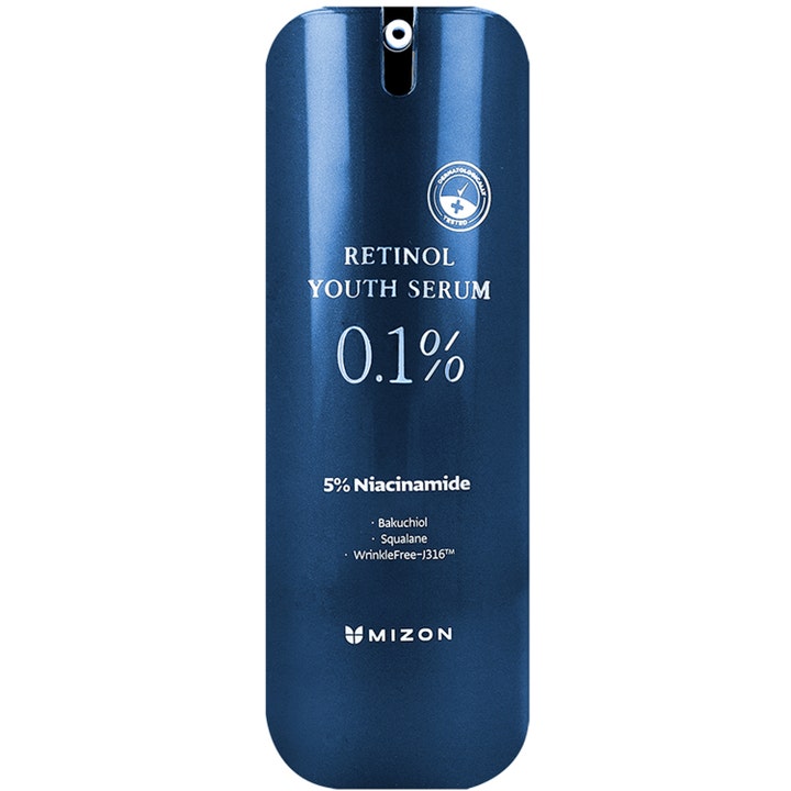 Mizon Retinol Youth Serum 0.1% 28ml anti-age serum med niacinamid i en mørkeblå metallisk flaske med pumpe.