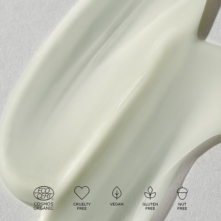 MÁDARA HIS Face Cream 50 ml fugtgivende dagcreme med cremet hvid tekstur og ikoner for Eco Cert og Vegan.