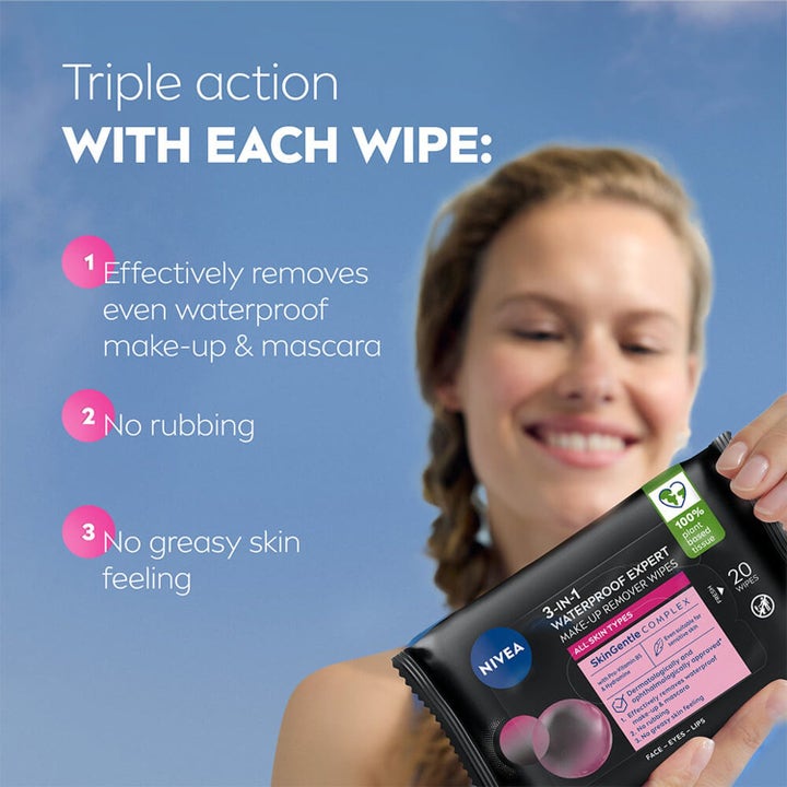 NIVEA 3-in-1 Waterproof Expert Wipes 20 stk fjerner vandfast makeup uden at gnubbe vist i sort pakke