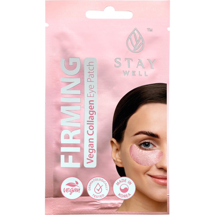 Stay Well Vegan Collagen Eye Patch 1 par opstrammende øjenmasker i lyserød pose med glitrende pink øjenmaske.