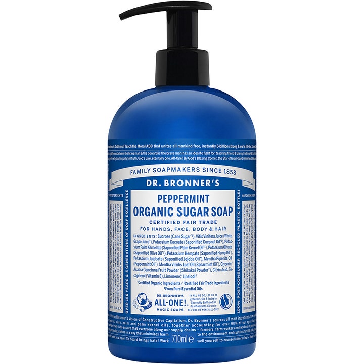 Dr. Bronner's Peppermint Organic Sugar Soap 710 ml opfriskende økologisk sæbe i blå flaske med sort pumpe
