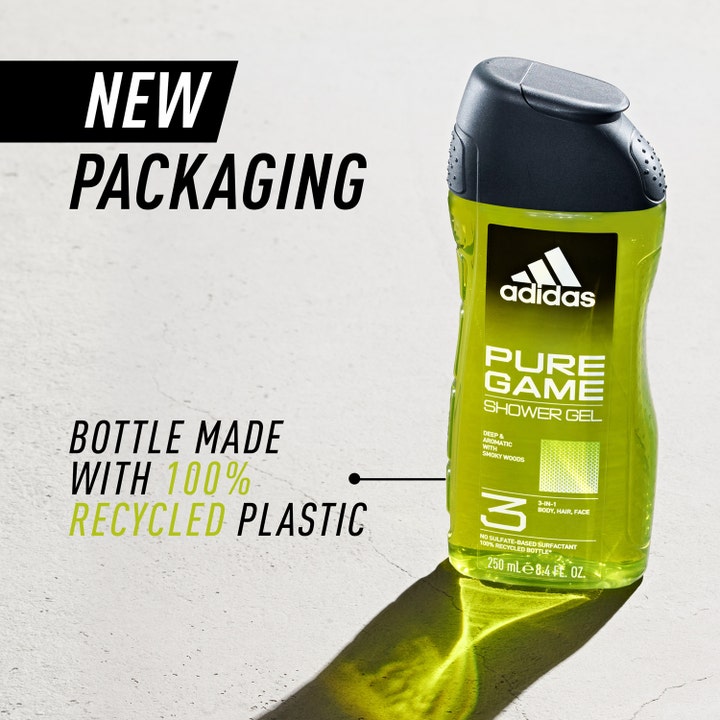 Adidas Pure Game Shower Gel 250 ml i en ny miljøvenlig flaske lavet af 100% genanvendt plast.