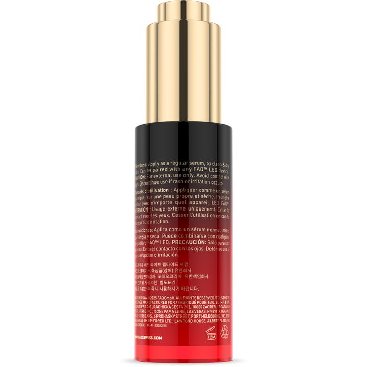 FAQ Swiss FAQ™ Red Light Peptide Serum 30 ml styrkende serum i rød og sort flaske med guldpumpe set bagfra