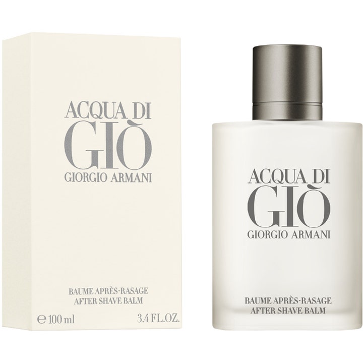 Armani Acqua Di Gio 100 ml aftershave balm beroliger huden i en frostet hvid flakon med gråt låg og hvid æske.