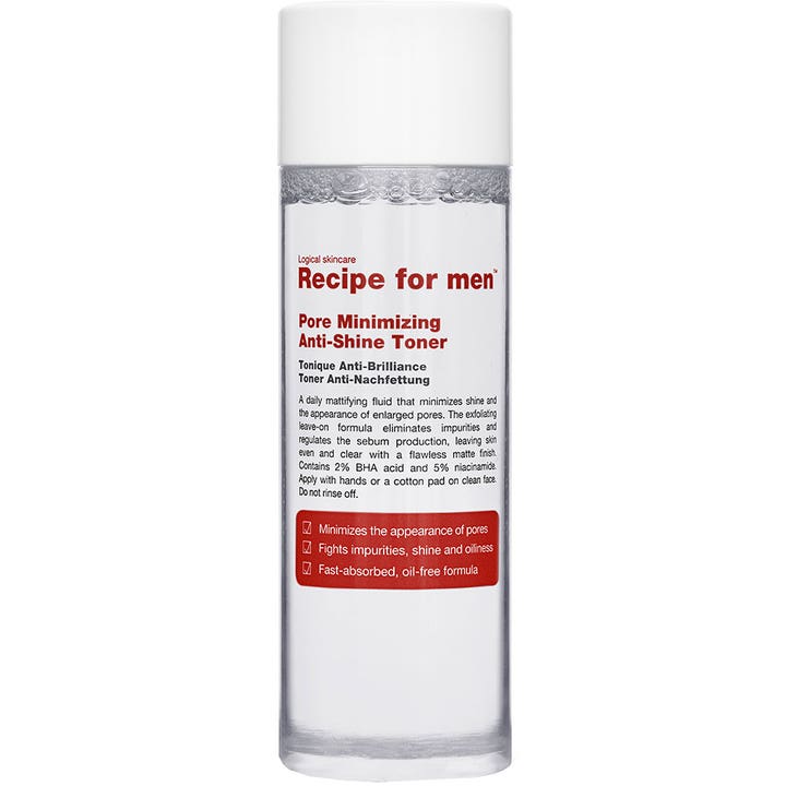 Recipe for men Pore Minimizing Anti-Shine Toner mod store porer i en gennemsigtig flaske med hvidt låg