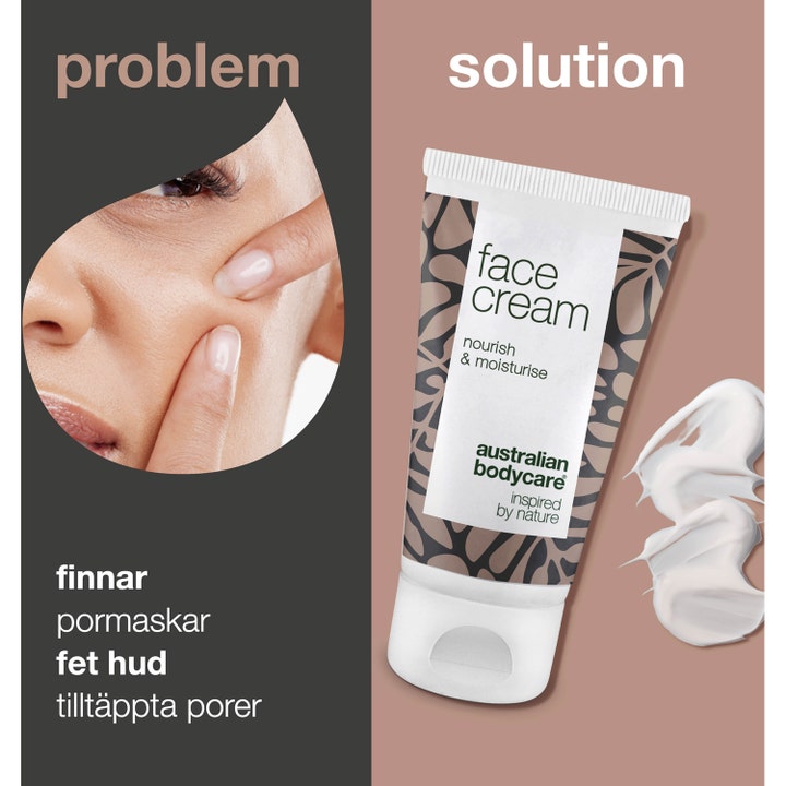 Australian Bodycare Face Cream 50 ml mod uren hud viser creme i tube ved siden af cremet hvid tekstur.