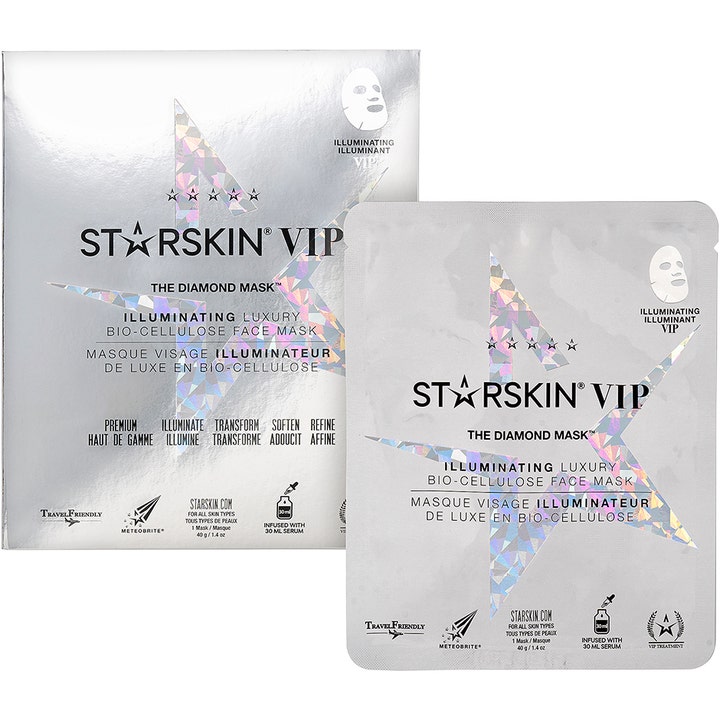 Starskin The Diamond Mask 40 g glødgivende sheet mask i sølvfarvet indpakning med en stor holografisk stjerne