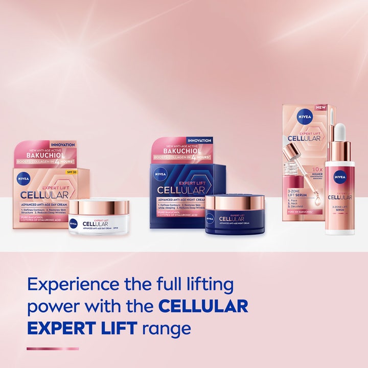 NIVEA Cellular Expert Lift 3-zone Lift Serum 30 ml opstrammende ansigtsserum vist med hele hudplejeserien.