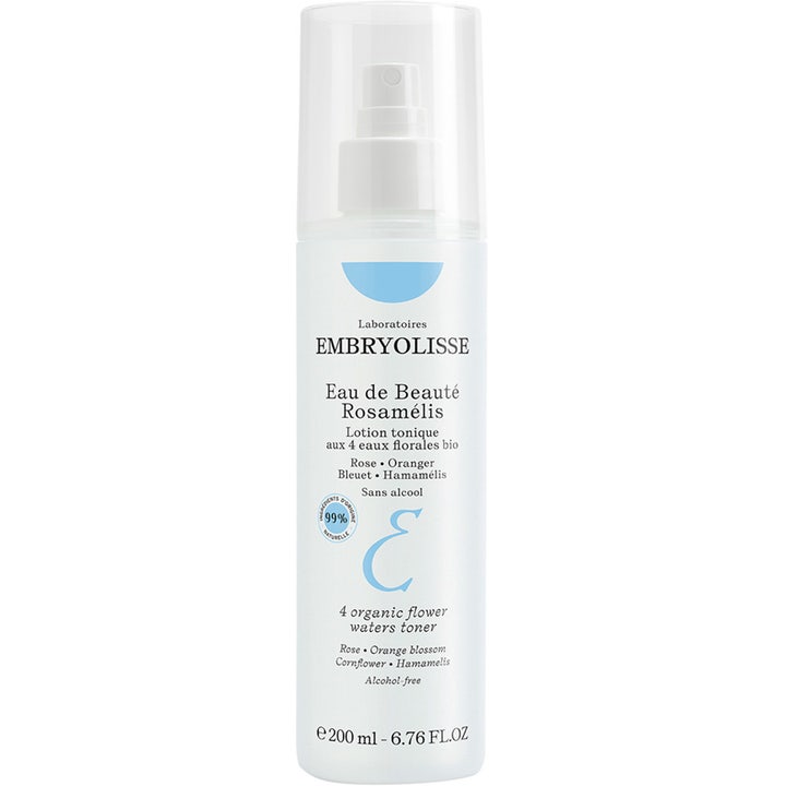 Embryolisse Eau de Beauté Rosamélis 200 ml opfriskende toner i hvid sprayflaske med gennemsigtigt låg