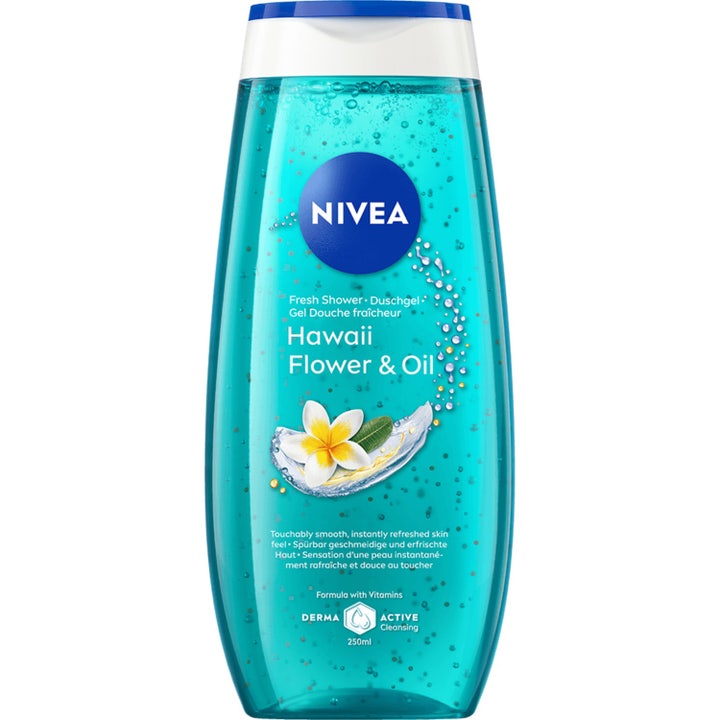 Nivea Hawaii Flower & Oil 250 ml plejende brusegel i turkis plastflaske med hvid Hawaii-blomst og små olieperler