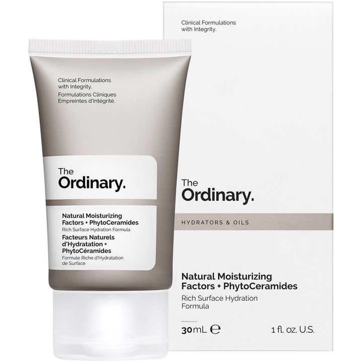 The Ordinary Natural Moisturizing Factors + Phytoceramides 30 ml fugtgivende ansigtscreme i grå tube og hvid æske