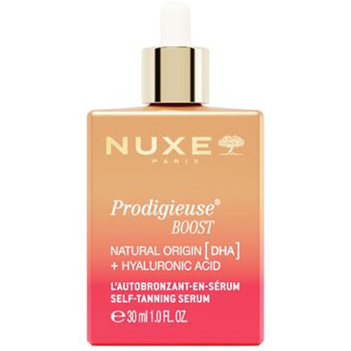 Nuxe Prodigieuse Boost Self-Tanning Serum 30 ml fugtgivende selvbruner i orange og pink gradient flaske med guldhætte
