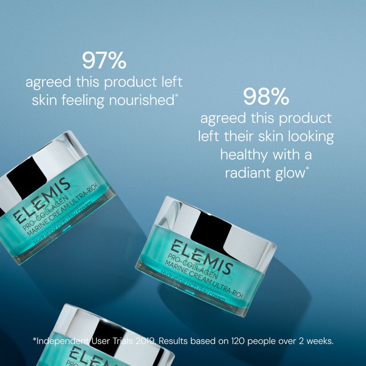 Elemis Pro-Collagen Marine Cream Ultra Rich 50 ml nærende dagcreme i turkise krukker med tekst om 97% næret hud