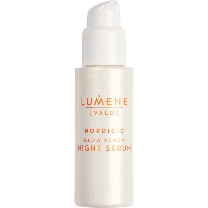 Lumene Nordic-C Glow Renew Night Serum 30 ml natserum i hvid perlemorsflaske med pumpe der giver huden fornyet glød