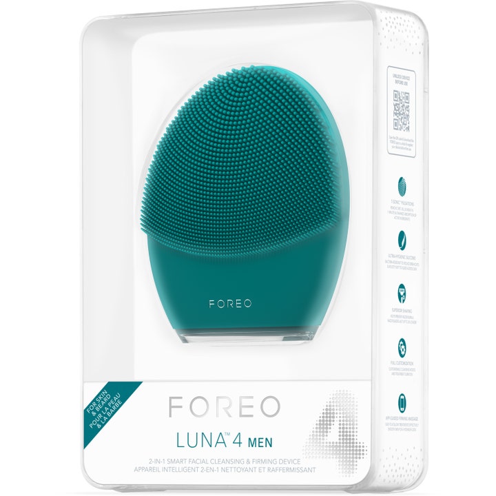 FOREO LUNA 4 Men 1 stk ansigtsbørste til mænd i blå silikone vist i gennemsigtig emballage