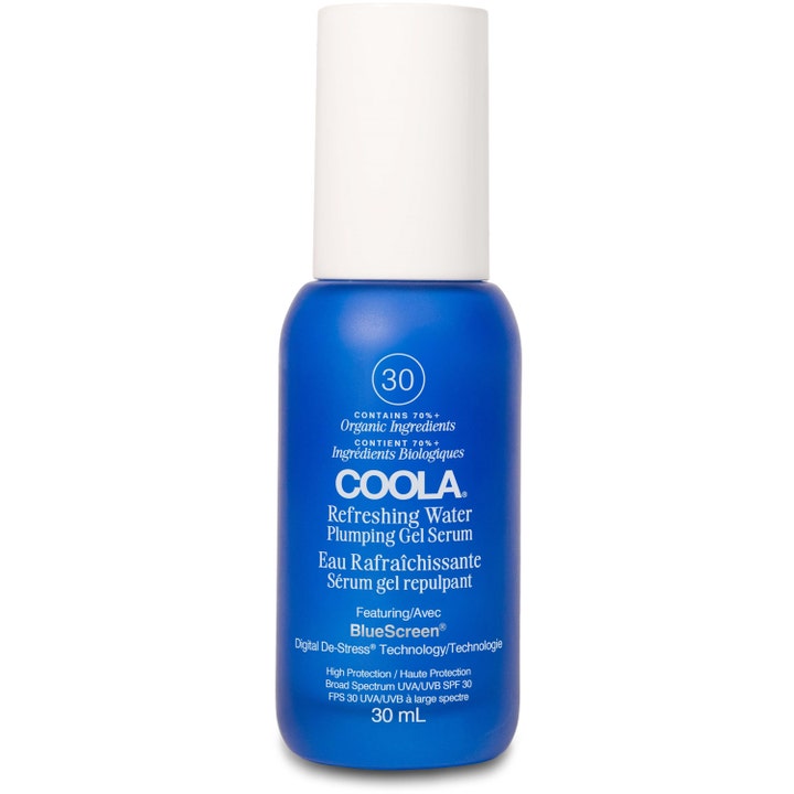 Coola Refreshing Water Plumping Gel Serum 30 ml fugtgivende SPF 30 serum i en blå flaske med hvidt låg