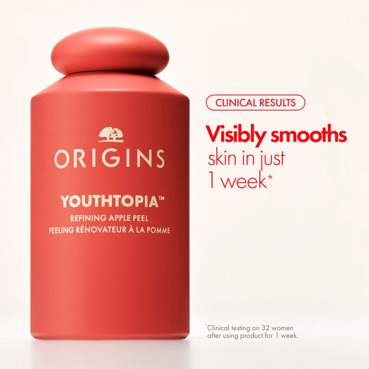 Origins Youthtopia Refining Apple Peel 100 ml eksfoliering i rød flaske der synligt udglatter huden på 1 uge