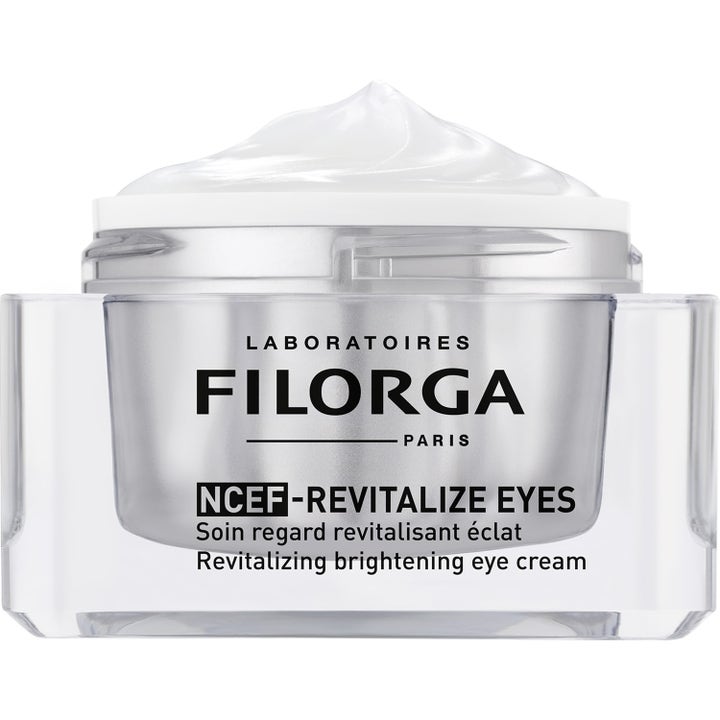 Filorga NCEF-Revitalize Eyes 15 ml øjencreme i sølvfarvet krukke med synlig cremet konsistens.