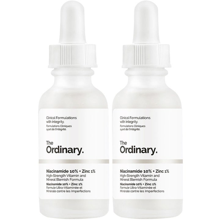 The Ordinary Niacinamide 10% + Zinc 1% Duo balancerende serum i to frostede glasflasker med hvide pipetter