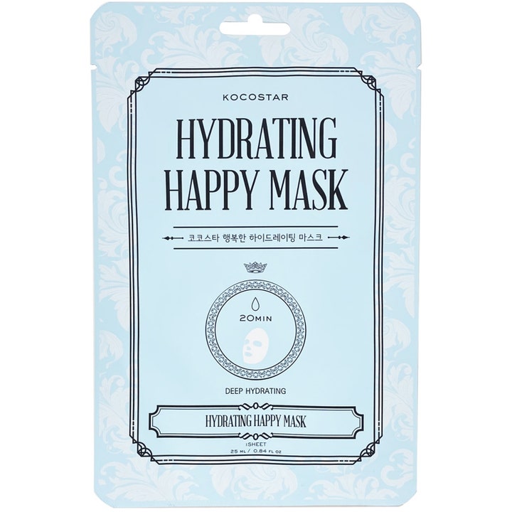 Kocostar Hydrating Happy Mask 25 ml fugtgivende sheet maske giver intens fugt i lyseblå pakke med hvidt mønster.