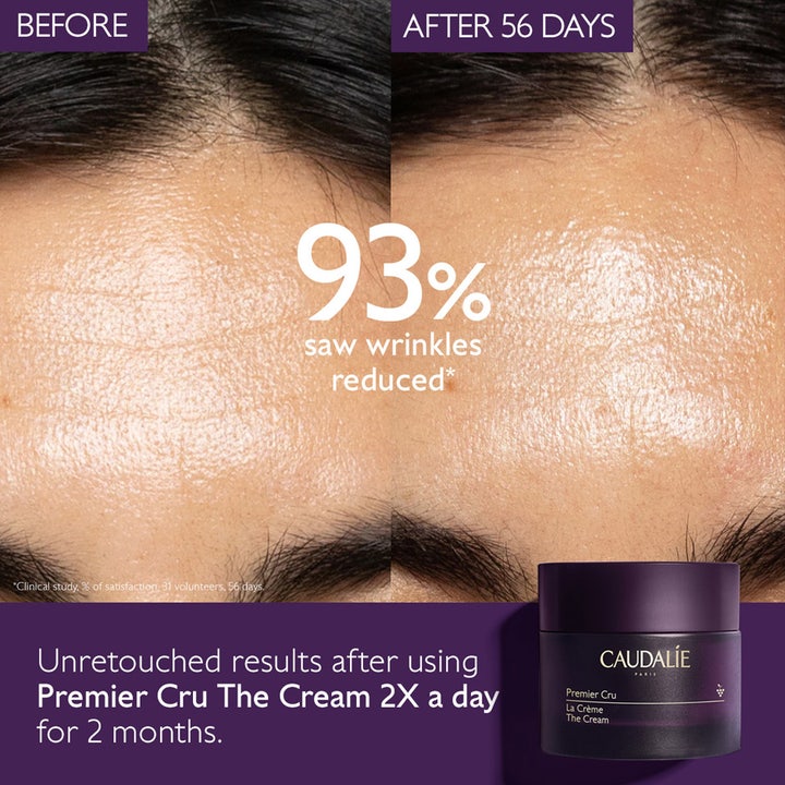 Caudalie Premier Cru The Cream 50 ml anti-ageing ansigtscreme viser før og efter resultater med reducerede rynker.