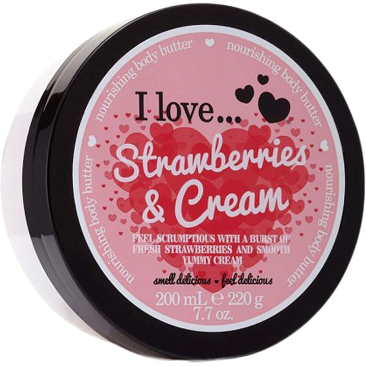I love... Strawberries & Cream 200 ml nærende body butter i en lyserød krukke med hjerter og sort låg